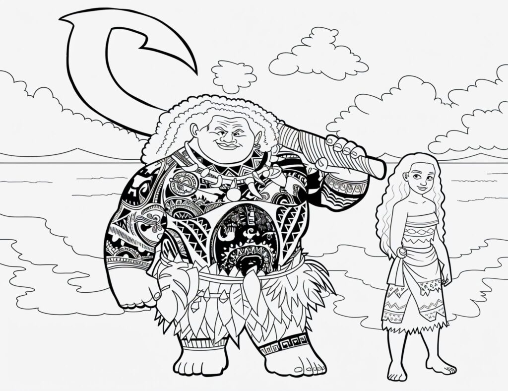 Maui Und Moana Am Strand Zum Ausmalen Ausmalbild zum Drucken Maui Und Moana Am Strand Zum Ausmalen Ausmalbild