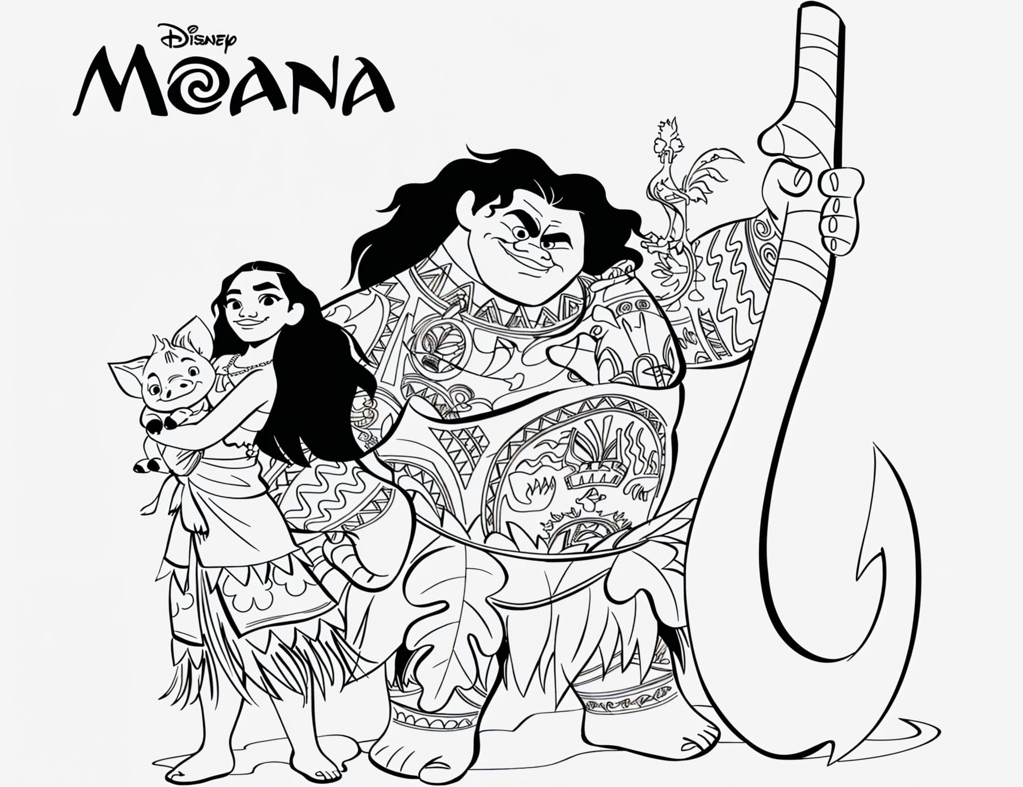 Moana Und Der Aufziehende Sturm Und Maui Mit Pua Und Heihei Zum Ausmalen Ausmalbild