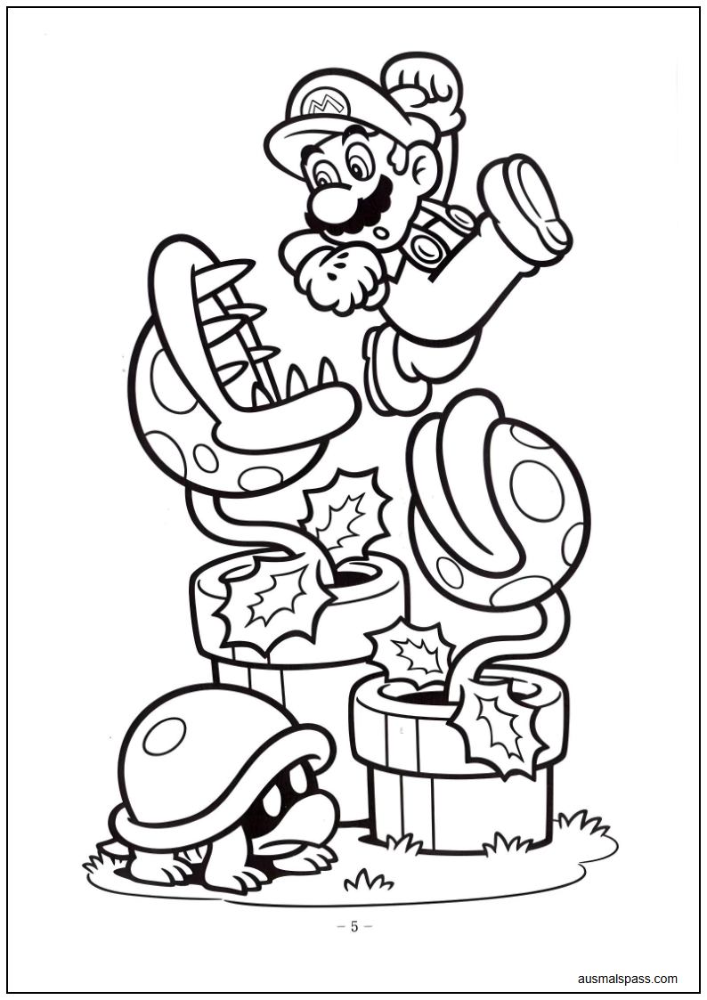 Ausmalbild von Super Mario mit Piranha Pflanzen