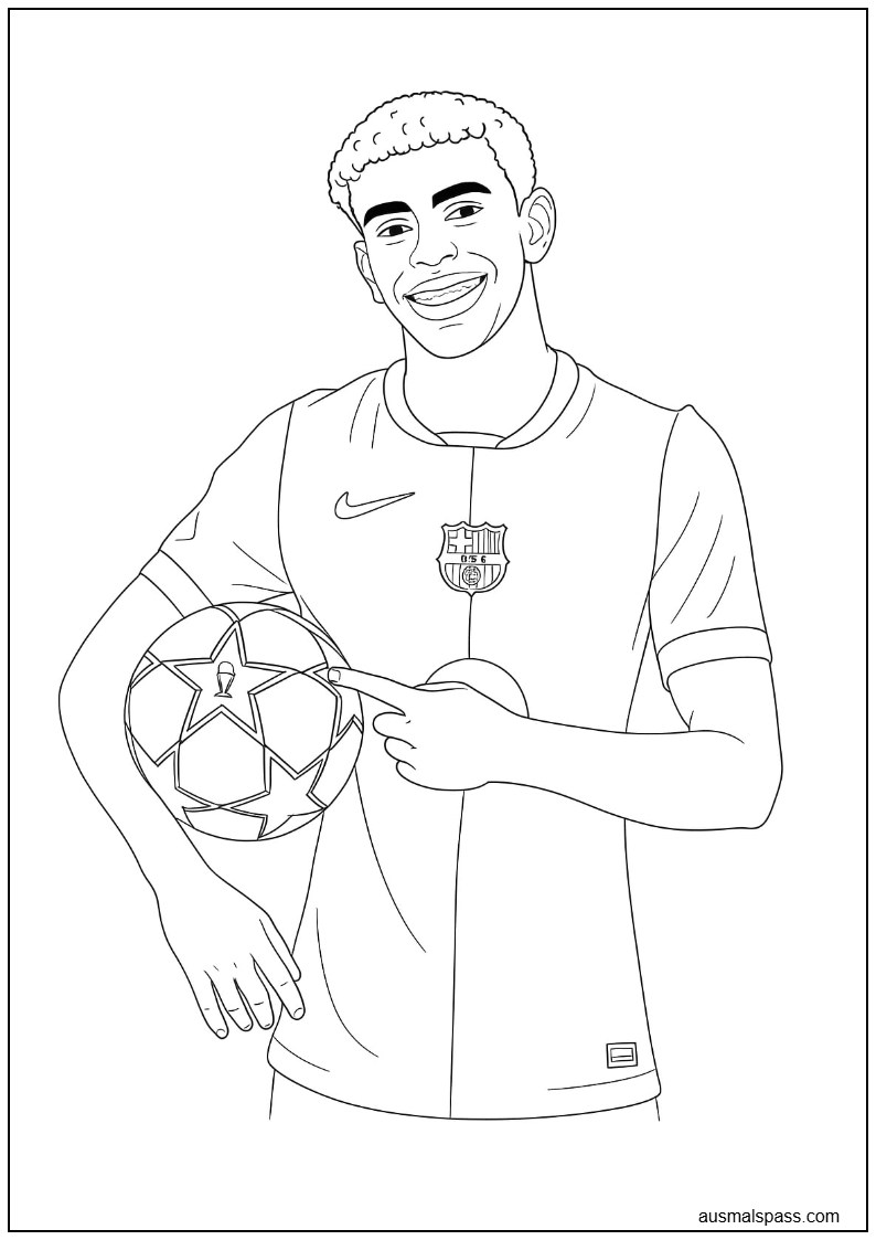 Zeichnung von Lamine Yamal mit Ball zum Ausmalen