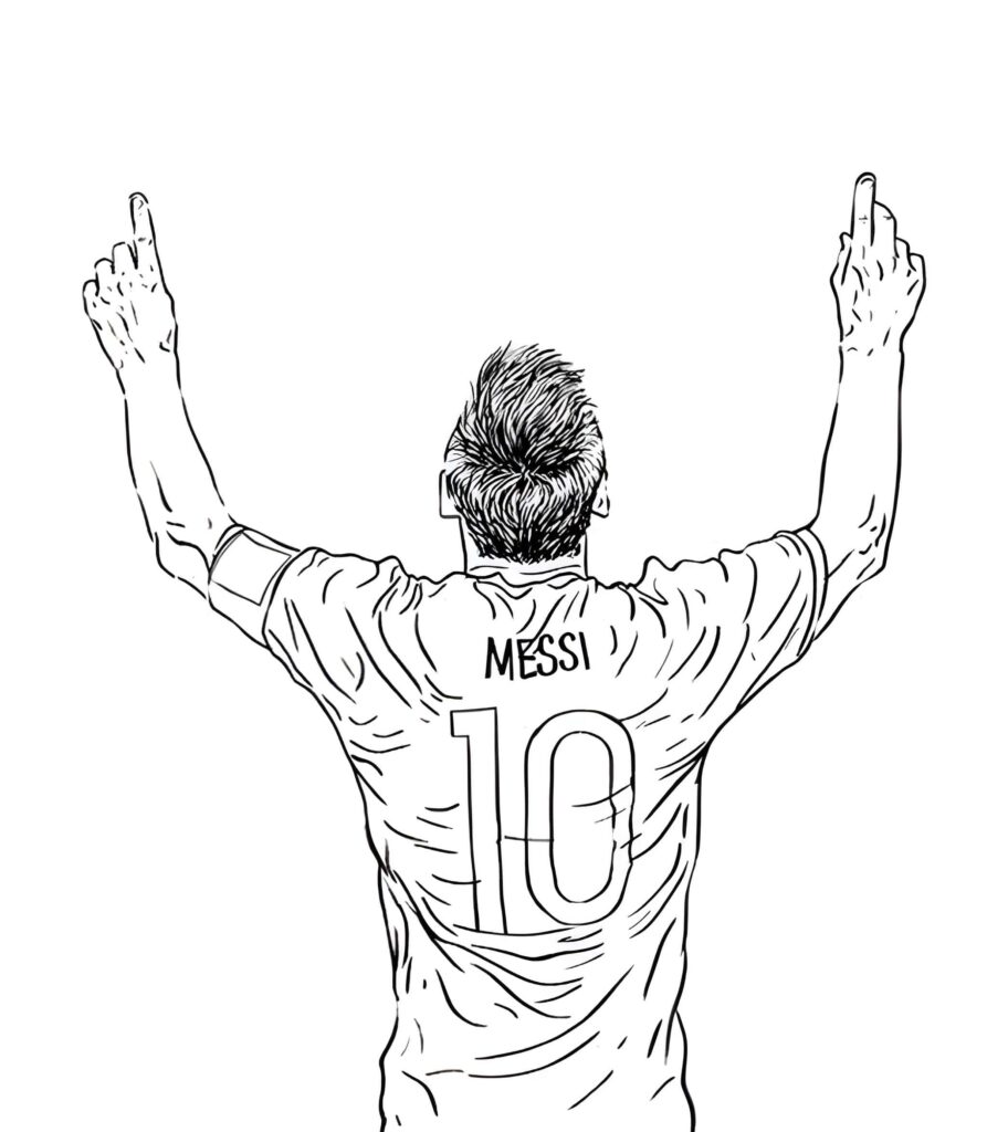 Zeichnung Von Lionel Messi, Der In Den Himmel Zeigt, Zum Ausmalen Ausmalbild zum Drucken Zeichnung Von Lionel Messi, Der In Den Himmel Zeigt, Zum Ausmalen Ausmalbild